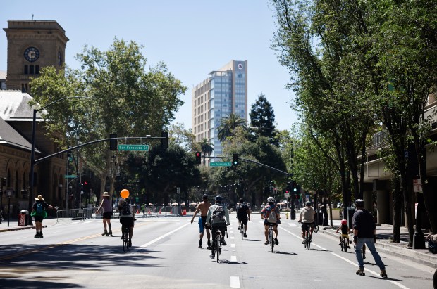 People ride south on South Market Street during Viva CalleSJ's "Greetings from San Jose" in downtown San Jose, Calif., on Sunday, June 14, 2026. (Nhat V. Meyer/Bay Area News Group)