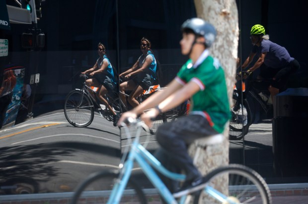 People ride north on South Market Street during Viva CalleSJ's "Greetings from San Jose" in downtown San Jose, Calif., on Sunday, June 14, 2026. (Nhat V. Meyer/Bay Area News Group)