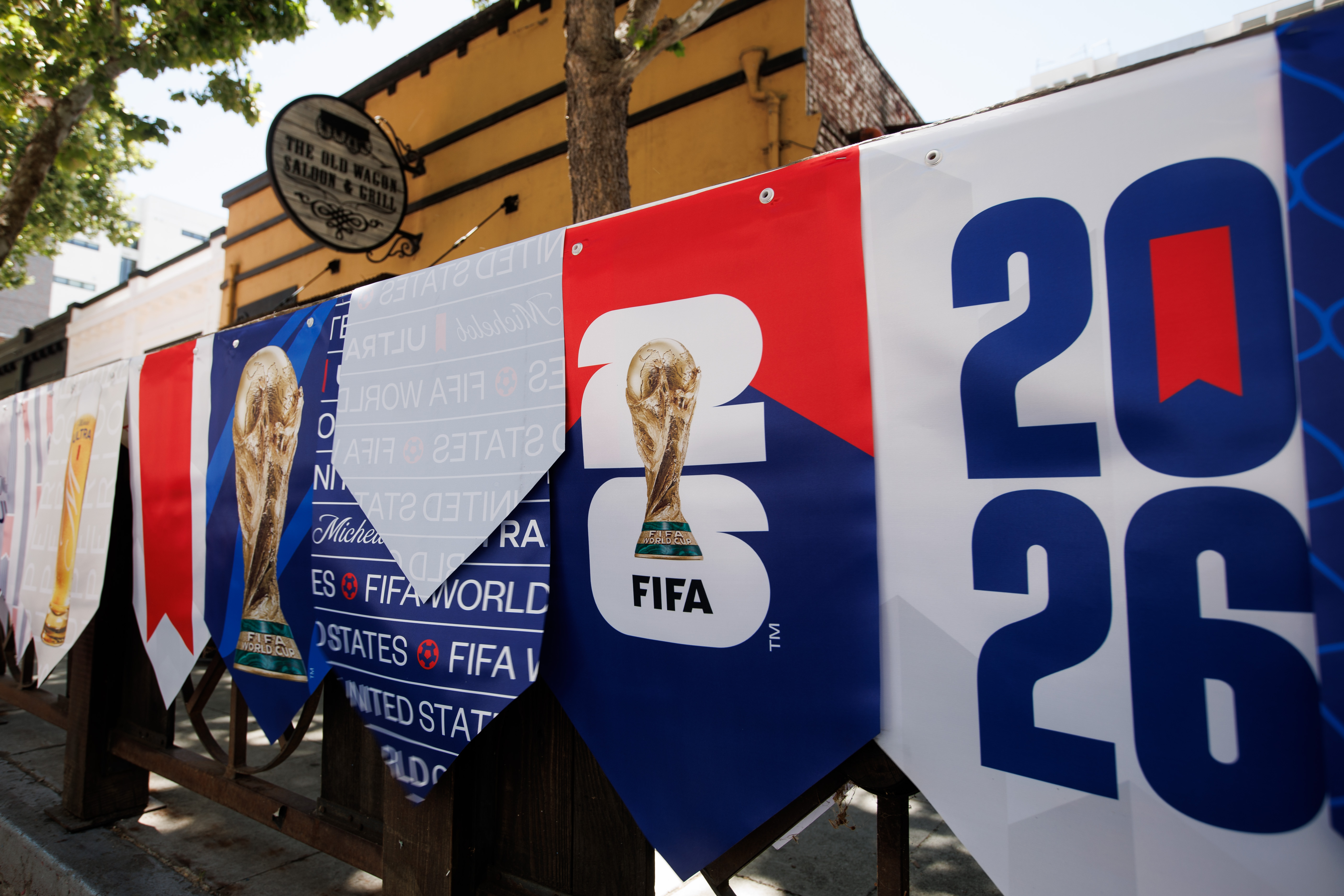 World Cup-themed banners are displayed at San Pedro Square on...