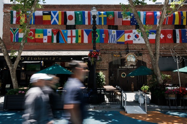 International flags are displayed at O'Flaherty's Irish Pub, where watch parties will be held during World Cup matches, at San Pedro Square on Monday, June 8, 2026, in San Jose, Calif. (Dai Sugano/Bay Area News Group)