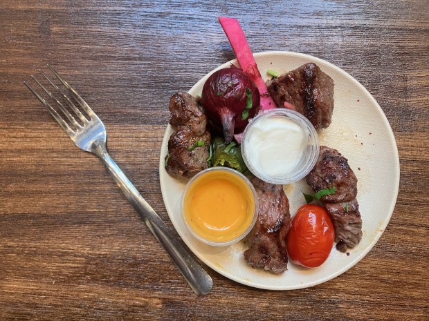 Lamb kebab at Mazra in Redwood City ($9) is tender, decadent and expertly seasoned. (Kate Bradshaw/Bay Area News Group)