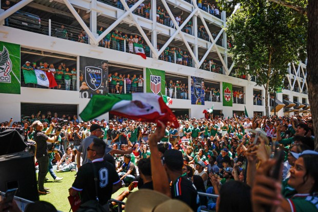 Fans of Mexico cheer after Mexico scores against South Africa during a World Cup watch party at San Pedro Square Market in San Jose, Calif., on Tuesday, June 11, 2026. (Shae Hammond/Bay Area News Group)