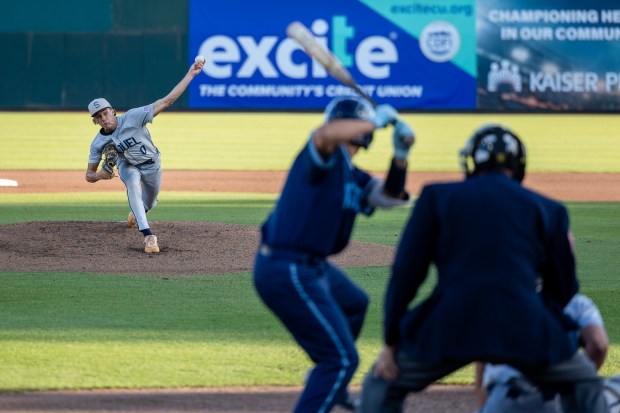 Soquel High pitcher Jake Escalante pitches against Valley Christian in the CCS Division I championship game at Excite Ballpark in San Jose on Saturday. (Sarah Smith - Santa Cruz Sentinel)