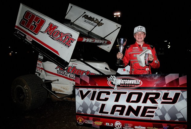 Sacramento's Landon Henry, 14, celebrates winning the Gold Star GMC 360 Sprint Car feature race at Watsonville Speedway on Friday night. (Top Dawg Photos)