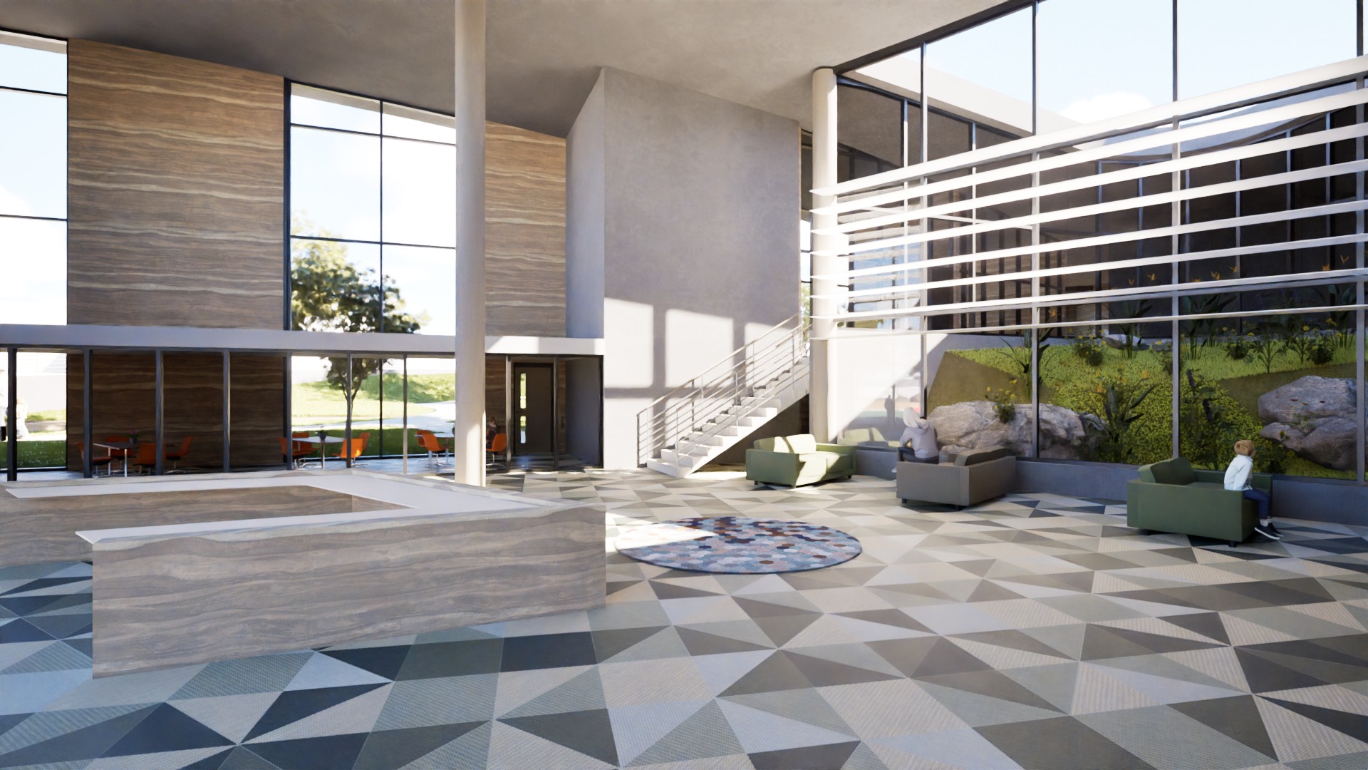 A rendering of a lobby in the redesign of the...