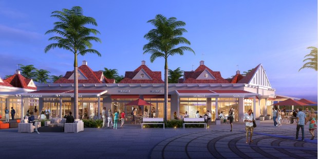 A rendering of the Coronado Ferry Landing renovation project shows the center's single-story buildings remade in an aesthetic inspired by the Hotel del Coronado. (Port Coronado Associates, LLC)