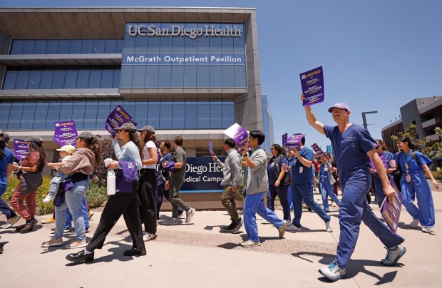 UC San Diego resident, intern and fellowship doctors held a "unity break" demonstration at Hillcrest Medical Center at UC San Diego Health on June 10, 2026 in San Diego, CA. (K.C. Alfred / The San Diego Union-Tribune)