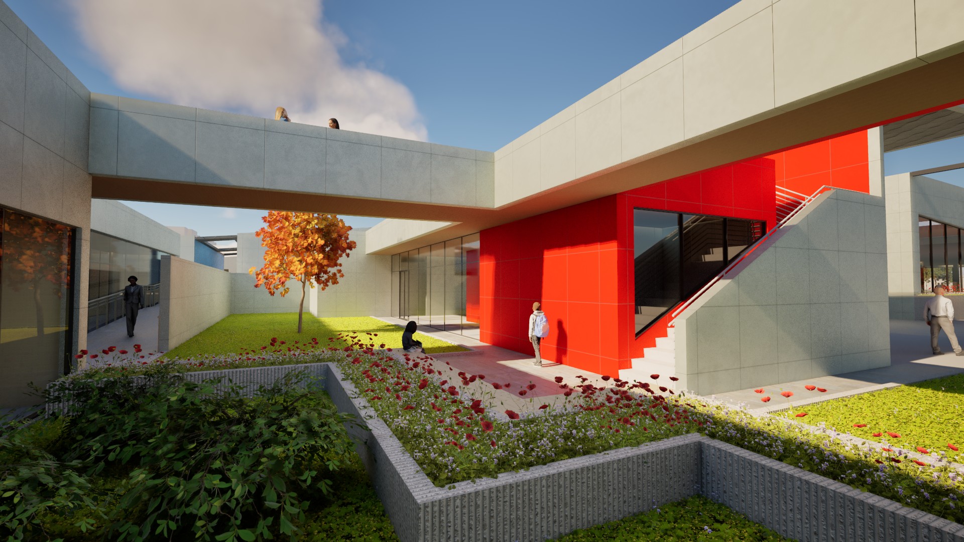 A rendering of a garden and walking path in a...