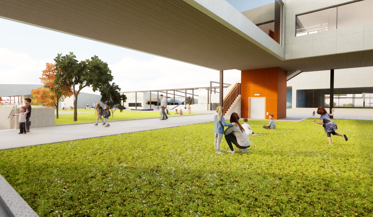 A rendering of an outdoors play area in a reimagined...