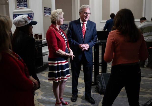 San Diego, CA - Jim Desomond, candidate for US Congressional District CA 48, speaks a reporter during a Republican election night watch party at The US Grant Hotel on Tuesday, June 2, 2026, in downtown San Diego, CA. (Luke Johnson / The San Diego Union-Tribune)