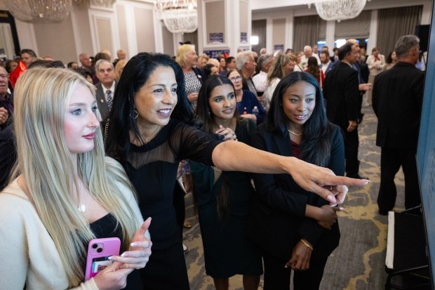San Diego, CA - Lori Brown points at a monitor as people watch the first results start to roll in during a Republican election night watch party at The US Grant Hotel on Tuesday, June 2, 2026, in downtown San Diego, CA. (Luke Johnson / The San Diego Union-Tribune)