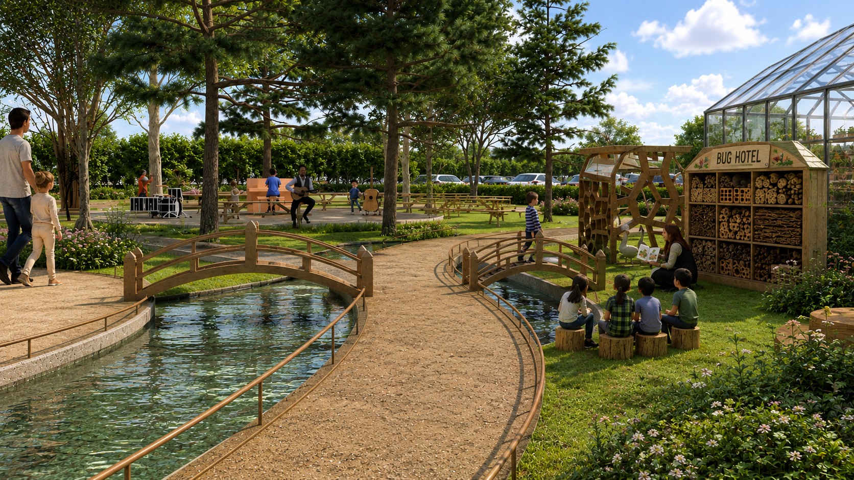 A rendering of a garden in a reimagined Paul Ecke...