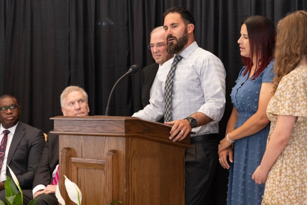 San Diego, CA - Former Charger's safety Eric Weddle speaks to members of the media before leading a tour inside the San Diego California Temple of The Church of Jesus Christ of Latter-day Saints on Monday, June 15, 2026, in San Diego, CA. (Luke Johnson / The San Diego Union-Tribune)