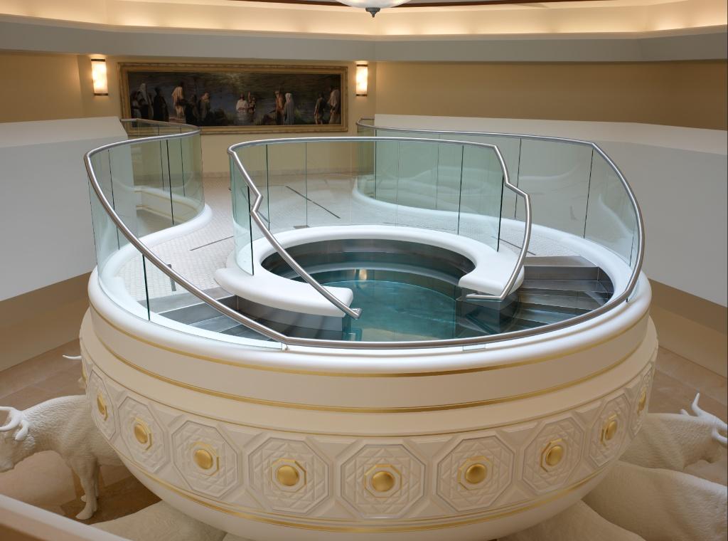The basin located in the temple’s Baptistry sits on the...
