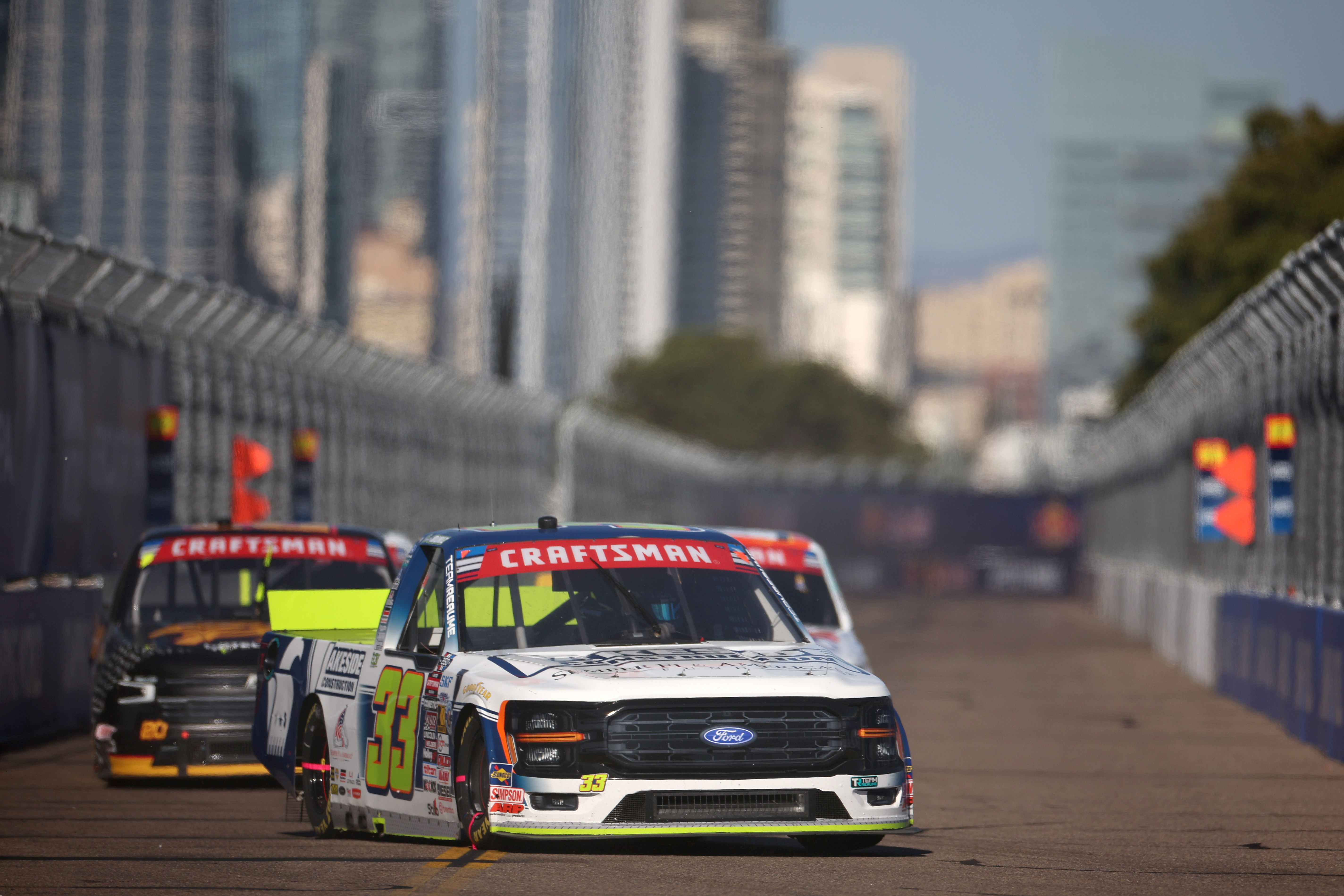 Frankie Muniz, driver of the #33 Lakeside Construction Ford, drives...