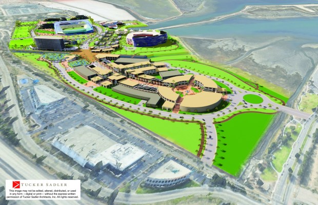 An aerial rendering of the Pangaea project as currently proposed for the Otay District portion of the Chula Vista Bayfront. (Tucker Sadler Architects, Inc.)