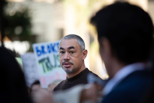 Councilmember Sean Elo-Rivera speaks during a press conference against the use of automated license plate readers on Thursday, Dec. 4, 2025, in San Diego. (Ana Ramirez / The San Diego Union-Tribune)