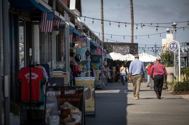 The Coronado Ferry Landing retail center at 1201 First St., as pictured on Nov. 5, 2025. Built in 1987, the Coronado Ferry Landing sits at the foot of the Coronado peninsula and looks across the bay to downtown San Diego. The bayside attraction is home to 38,010 square feet of shops and restaurants, and is fully leased. (Ana Ramirez / The San Diego Union-Tribune)