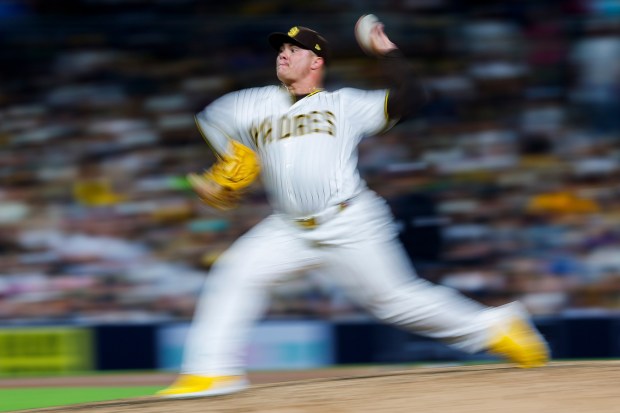 Adrian Morejon #50 of the San Diego Padres pitches against the Athletics during the seventh inning at Petco Park on Saturday, May 23, 2026 in San Diego, California. (Meg McLaughlin / The San Diego Union-Tribune)
