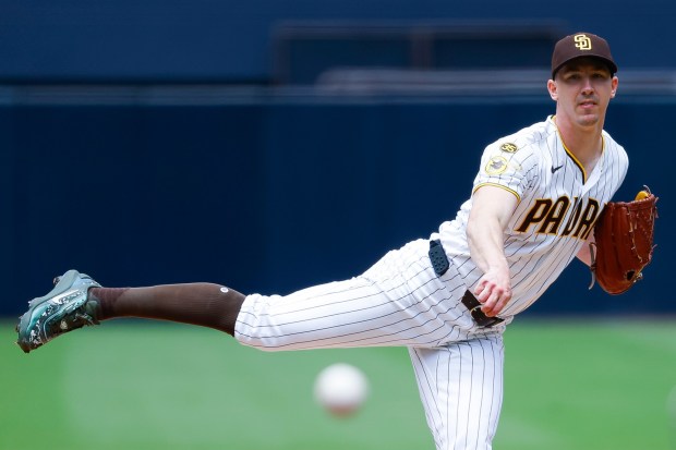 Padres starter Walker Buehler pitches against the Phillies on Wednesday. (Meg McLaughlin / The San Diego Union-Tribune)