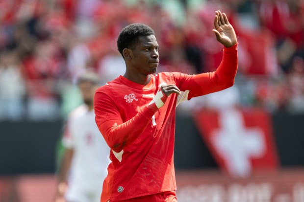 Switzerland's Breel Embolo celebrates scoring during the international friendly soccer match between Switzerland and Jordan in St. Gallen, Switzerland, Sunday, May 31, 2026. (Gian Ehrenzeller/Keystone via AP)