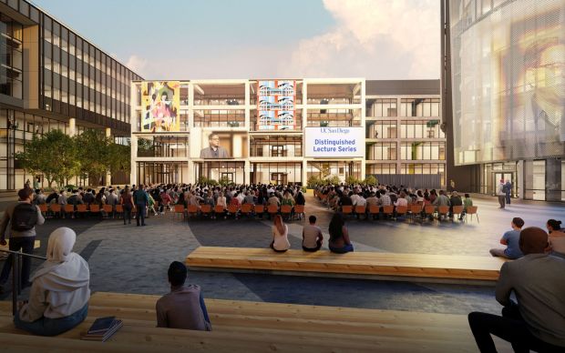 UC San Diego's new Triton Center village will feature a large plaza that will be used for public events, as well as a health and wellness center. (Rendering courtesy of UC San Diego)