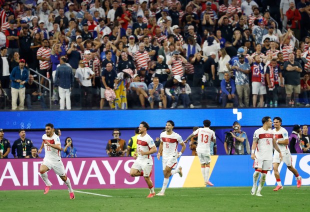 Kaan Ayhan #22 of Turkiye celebrates a goal against the United States during a FIFA World Cup 2026 match at Los Angeles Stadium on June 25, 2026 in Inglewood, California. (K.C. Alfred / The San Diego Union-Tribune)