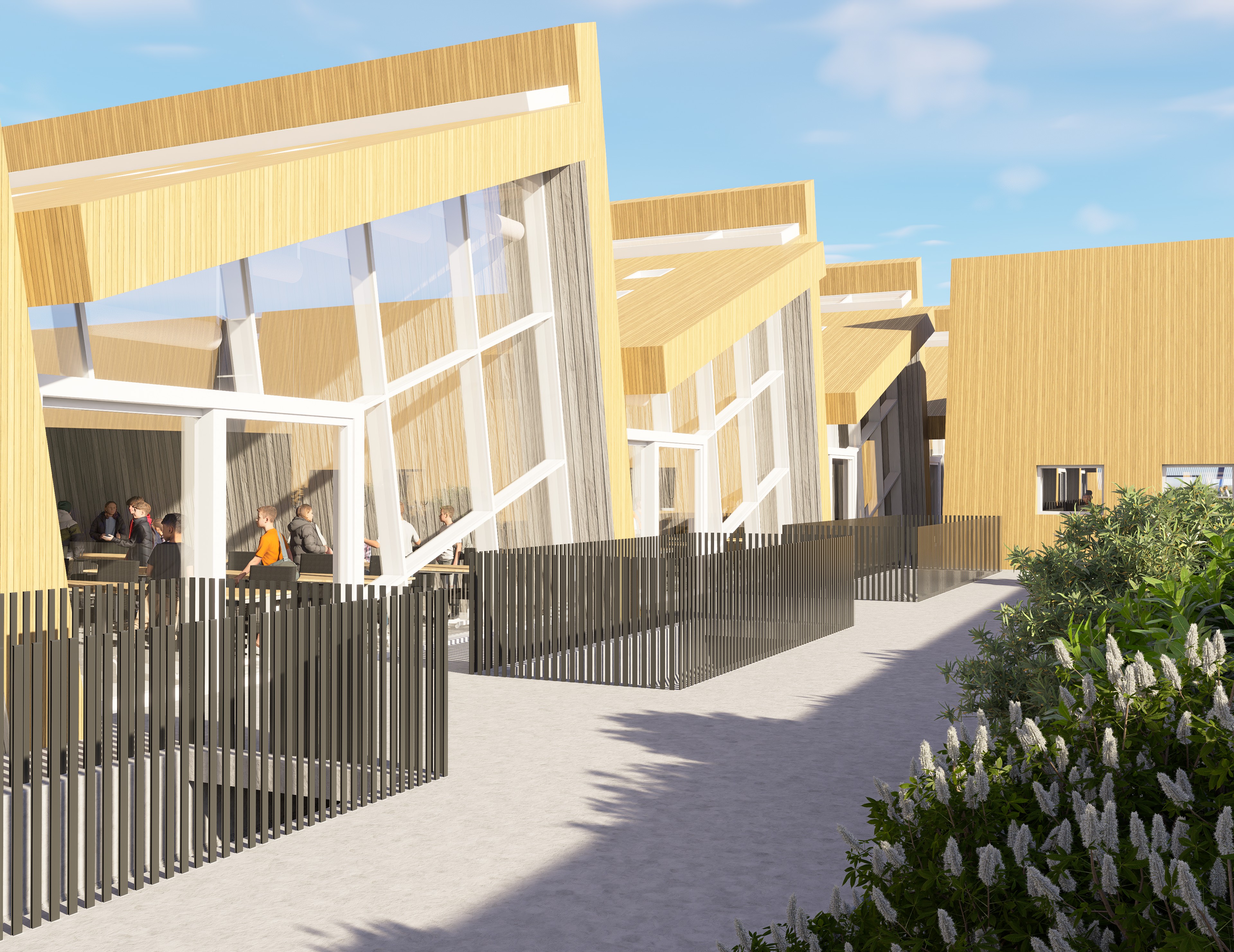 A rendering of the outside of classrooms in the reimagining...