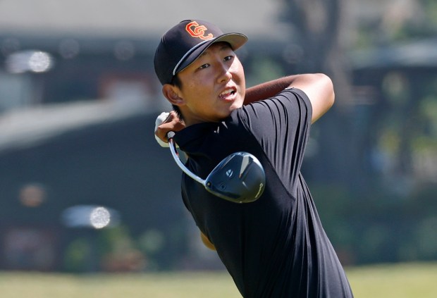 Yunze Wang of Cathedral Catholic tees off on the Torrey Pines South course during the CIF San Diego Section boys golf championships on May 20, 2026 in San Diego, CA. (K.C. Alfred / The San Diego Union-Tribune)