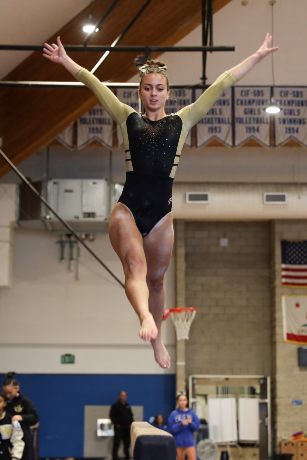Westview High's Louisa Ulbrich performs on the beam during the CIF San Diego Section gymnastics finals at Rancho Bernardo High School on Friday, May 22, 2026. Ulbrich received 39.050 overall score. (Kristian Carreon / The San Diego Union-Tribune)