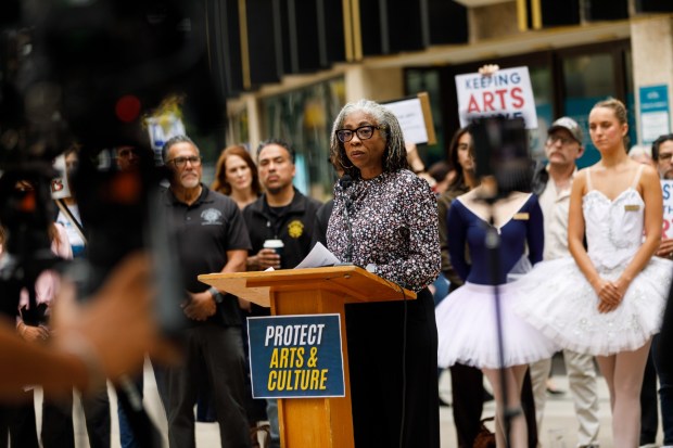 Supervisor Monica Montgomery Steppe speaks to members of the media on arts and culture funding outside City Hall on Friday, June 5, 2026. (Kristian Carreon / The San Diego Union-Tribune)