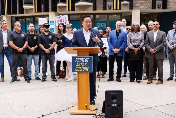 City Council President Pro Tem Kent Lee speaks to members of the media on arts and culture funding outside City Hall on Friday, June 5, 2026. (Kristian Carreon / The San Diego Union-Tribune)