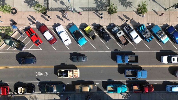 Escondido, CA 6_5_2026_|A drone view of vintage cars on Grand Avenue at Cruising Grand. |Escondido's first Cruising' Grand of 2026 features vintage cars (1973 and older) and a street fair. (John Gastaldo / For The San Diego Union-Tribune)