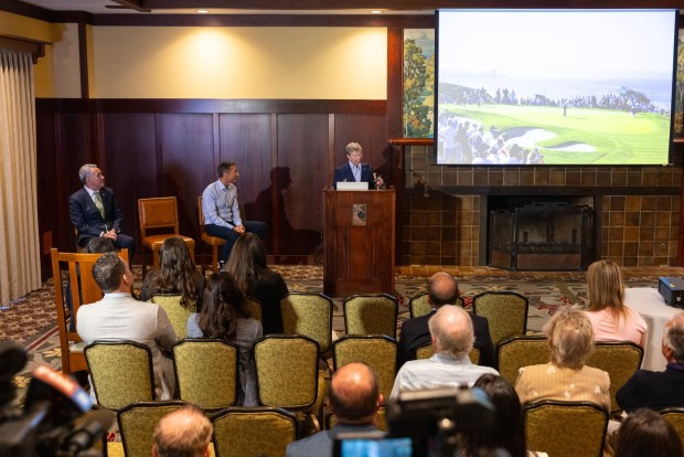 San Diego, CA - Pete McPartland, CEO of Sentry Insurance, speaks as he, Marty Gorsich, CEO of The Century Club of San Diego, and Joe LaCava, city council president, announce Sentry Insurance as the title sponsor for the PGA Tour's Torrey Pines event at the Torrey Pines Lodge on Monday, June 1, 2026, in San Diego, CA. The new event will be renamed "The Sentry" and will begin on Jan. 25, 2027. (Luke Johnson / The San Diego Union-Tribune)