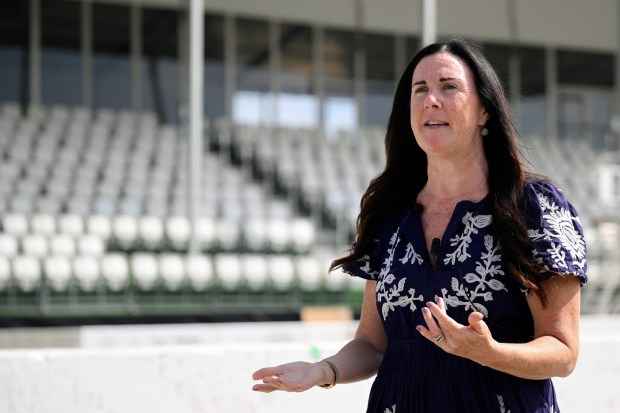 President of NASCAR San Diego, Amy Lupo speaks to the media at the San Diego Naval Base street course on June 09, 2026 in Coronado, California. (Photo by Orlando Ramirez/Getty Images)