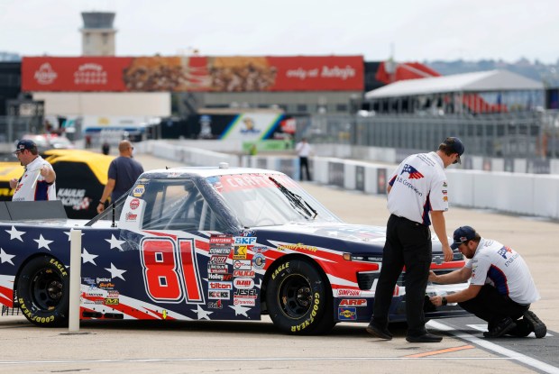 The NASCAR Craftsman Truck Series No. 81 Chevrolet which is driven by Kris Wright is wrapped for the night in preparation for NASCAR San Diego races on June 18, 2026 in Coronado, CA. (K.C. Alfred / The San Diego Union-Tribune)