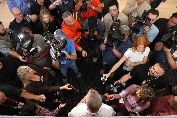 Oregon State athletic director Scott Barnes talks with press before an NCAA football game against Oregon, Saturday, Sept. 14, 2024, in Corvallis, Ore. Oregon won 49-14. (AP Photo/Amanda Loman)