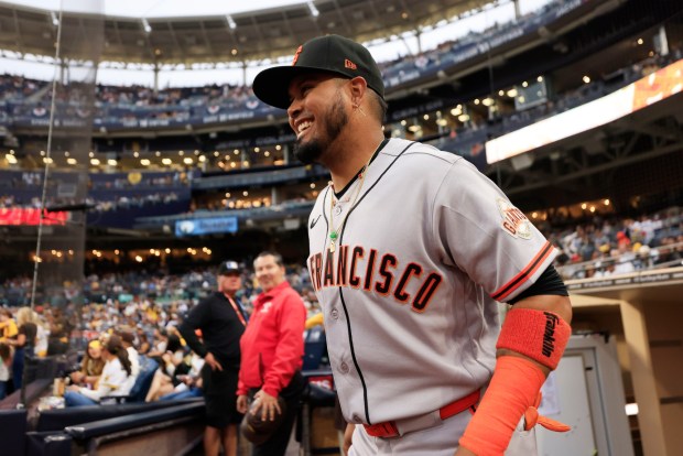 Luis Arraez #1 of the San Francisco Giants takes the field before playing the San Diego Padres at Petco Park on March 30, 2026 in San Diego, CA. (K.C. Alfred / The San Diego Union-Tribune)