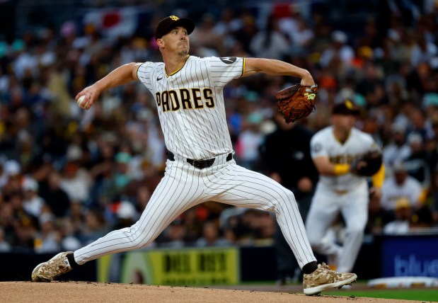 Walker Buehler #10 of the San Diego Padres pitches against the San Francisco Giants at Petco Park on March 30, 2026 in San Diego, CA. (K.C. Alfred / The San Diego Union-Tribune)