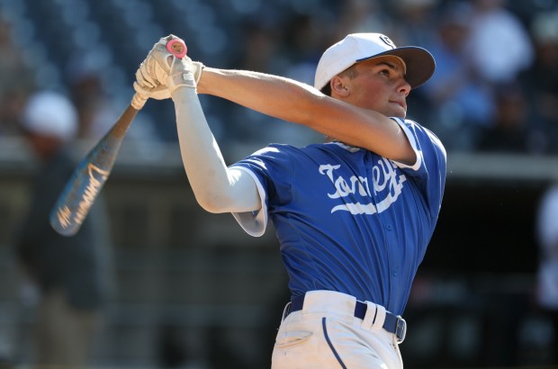 La Jolla Country Day's Mitch Circuit hits while competing in the Home Run Derby, which he won, during the San Diego Padres High School School All-Star Game at Petco Park in San Diego on Sunday, June 28, 2026. (Hayne Palmour IV / For The San Diego Union-Tribune)