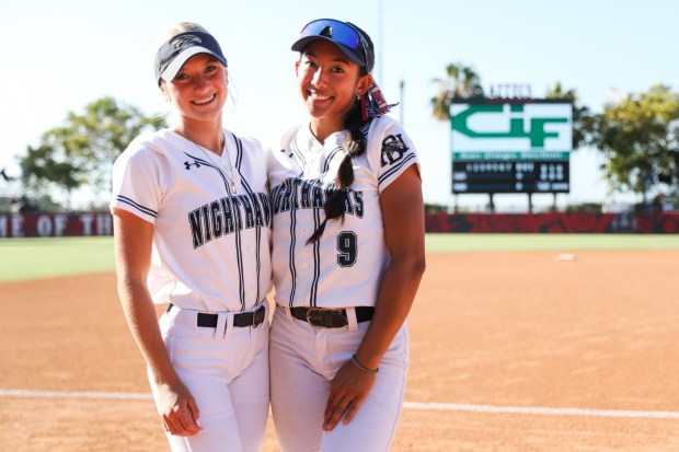 Del Norte High's Alexis Kyles and Lainey Llamas pose before the CIF San Diego Section All-Star Softball game at San Diego State University on Tuesday, June 9, 2026. (Kristian Carreon / The San Diego Union-Tribune)
