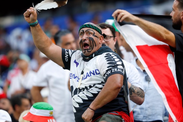 A fan cheers on New Zealand against Iran during a FIFA World Cup 2026 match at Los Angeles Stadium on June 15, 2026 in Inglewood, California. (K.C. Alfred / The San Diego Union-Tribune)