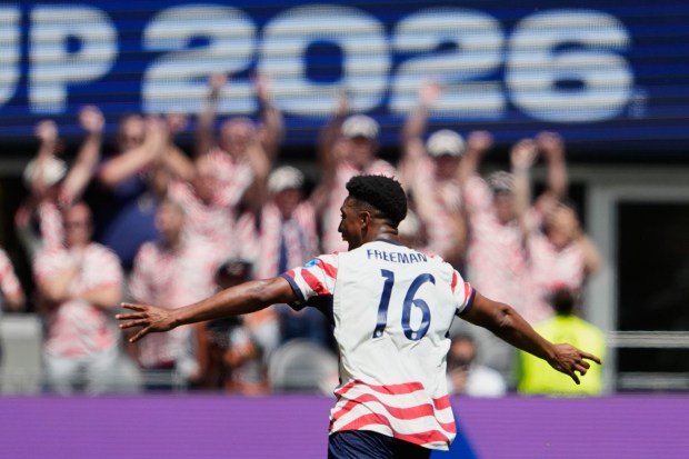 United States' Alex Freeman celebrates after scoring his side's second goal during the World Cup Group D soccer match between the United States and Australia in Seattle, Friday, June 19, 2026. (AP Photo/Lindsey Wasson)
