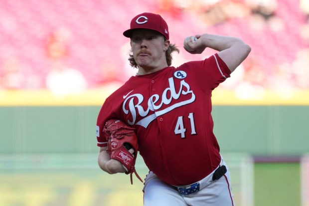 Cincinnati Reds pitcher Andrew Abbott delivers during the first inning of a baseball game against the Kansas City Royals, Tuesday, June 2, 2026, in Cincinnati. (AP Photo/Kareem Elgazzar)