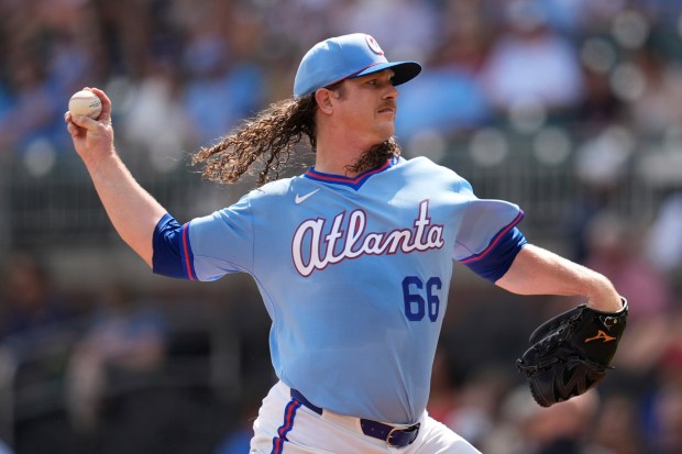 Atlanta Braves pitcher Grant Holmes works in the first inning of a baseball game against the Washington Nationals, Saturday, May 23, 2026, in Atlanta. (AP Photo/Mike Stewart)