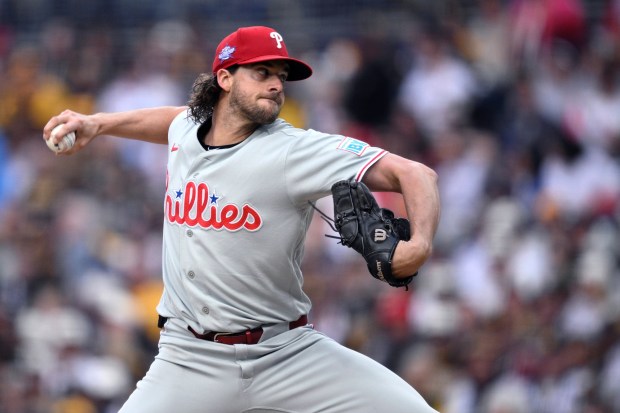 Aaron Nola #27 of the Philadelphia Phillies pitches against the San Diego Padres during the first inning at Petco Park on May 26, 2026 in San Diego, California. (Photo by Orlando Ramirez/Getty Images)