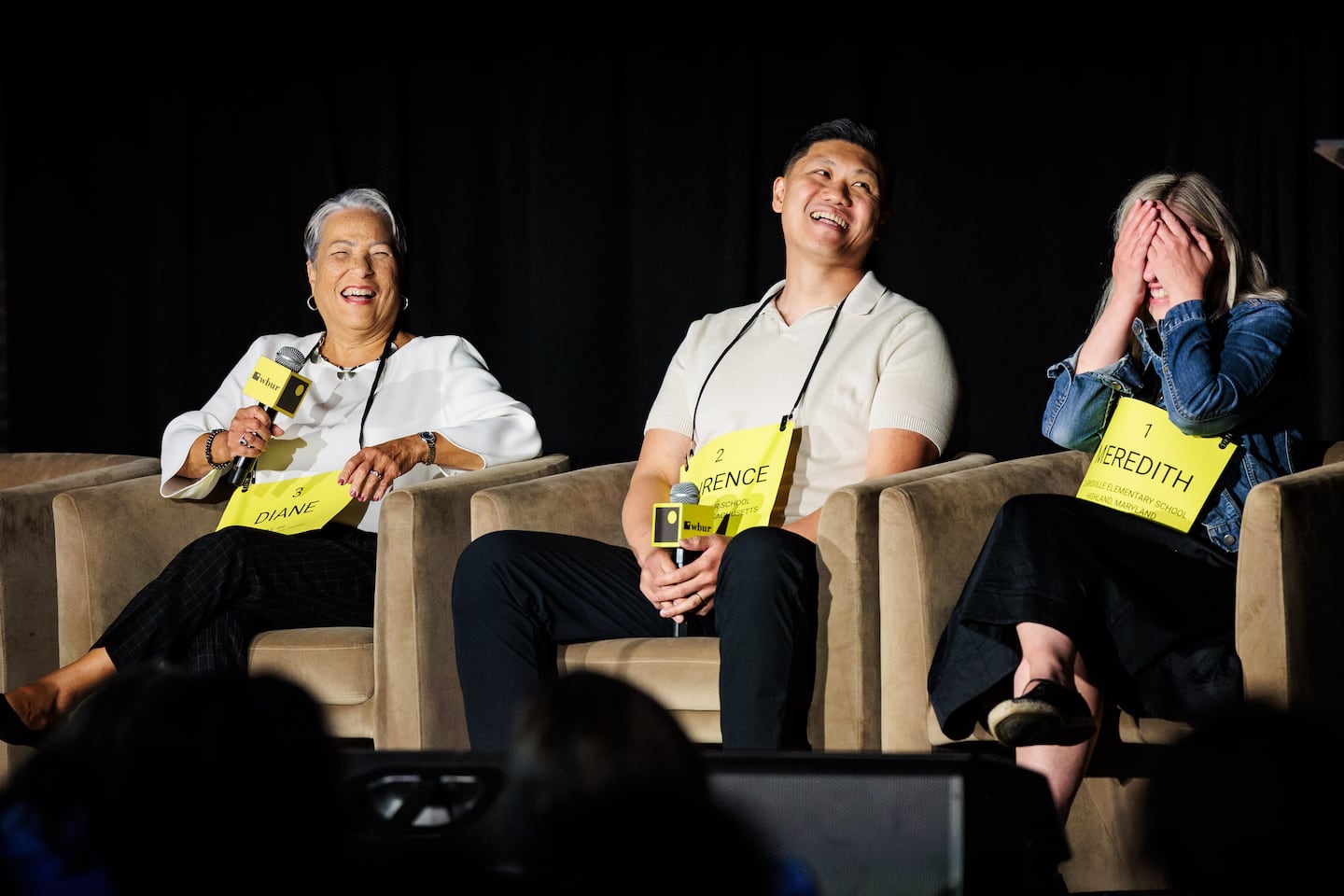 Former Massachusetts First Lady Diane Patrick (l.) won the "Yelling Bee" on Friday, besting Rubato chef-owner Laurence Louie and  Globe's Love Letters columnist/podcast host Meredith Goldstein.