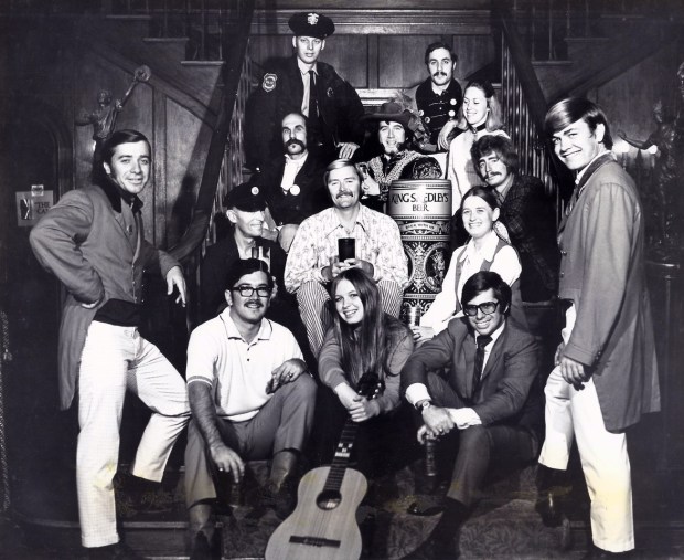 Staff at the Royal Embassy of Hopland included publicity chief Chuck Buck, seated on the bottom step at right. (Chuck Buck collection)