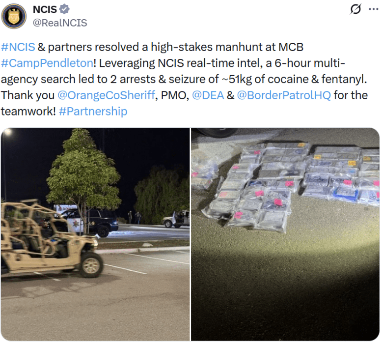 Split image. Left: military vehicles parked at night with officers interacting. Right: bags of seized drugs on pavement, spotlighted. Mood: tense, serious.