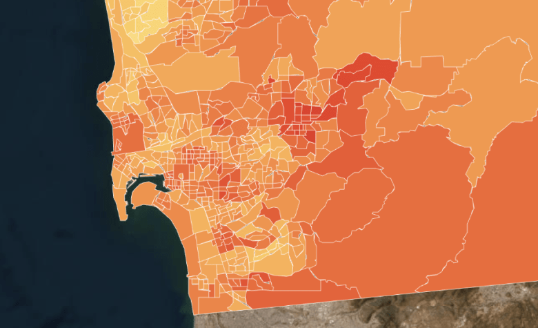 Map of a coastal urban area with varying shades of orange and red indicating different data zones. Darker areas suggest higher concentration or intensity.